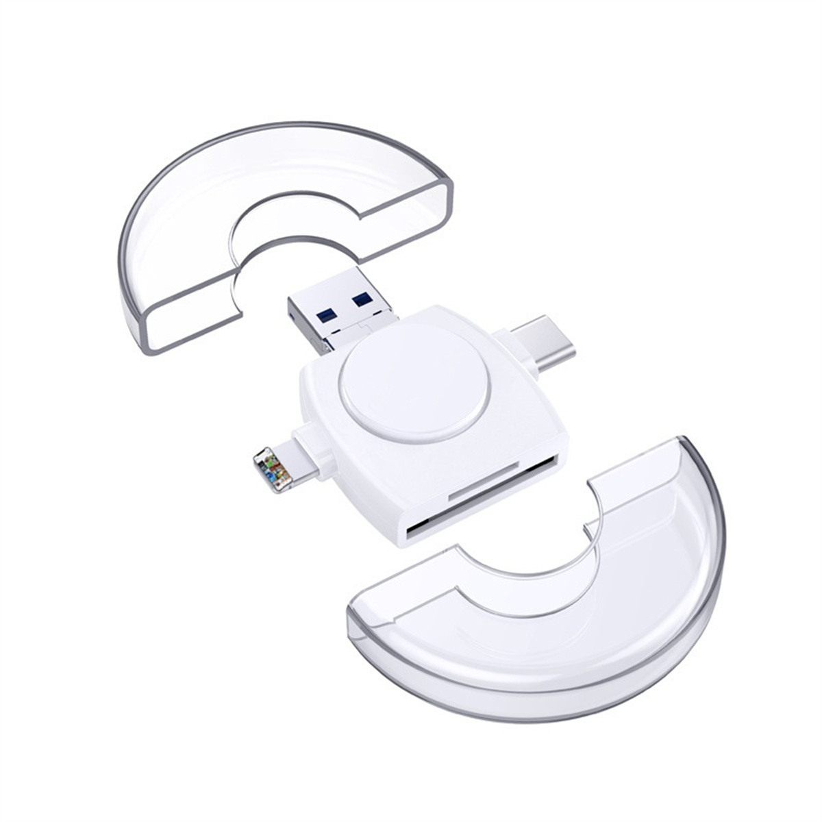 Ein weißer Multiport-Adapter mit USB, USB-C und Ethernet-Anschluss, mit transparentem Deckel.