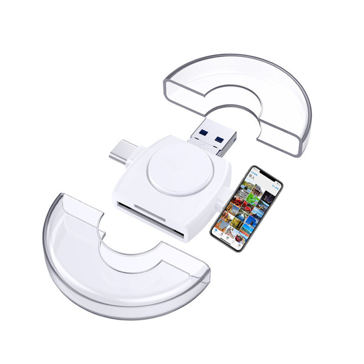 Weißer und transparenter USB-Adapter mit einem Telefon, das Fotos zeigt. Zwei transparente Abdeckungen liegen daneben.