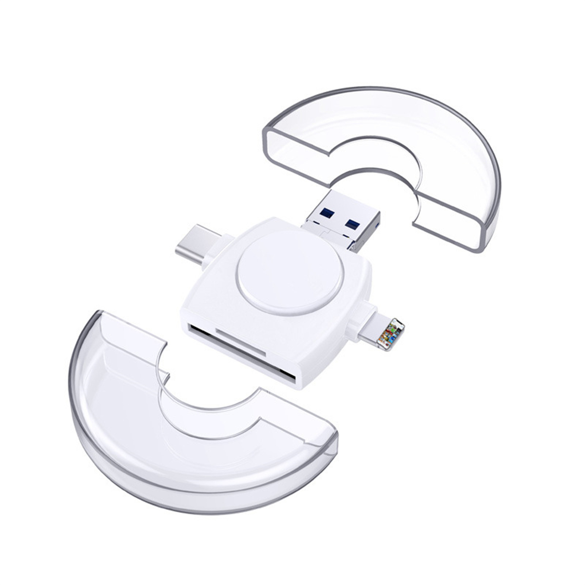 Weißer USB-C-Adapter mit USB-, Micro-USB- und USB-C-Anschluss und zwei transparenten Abdeckungen.