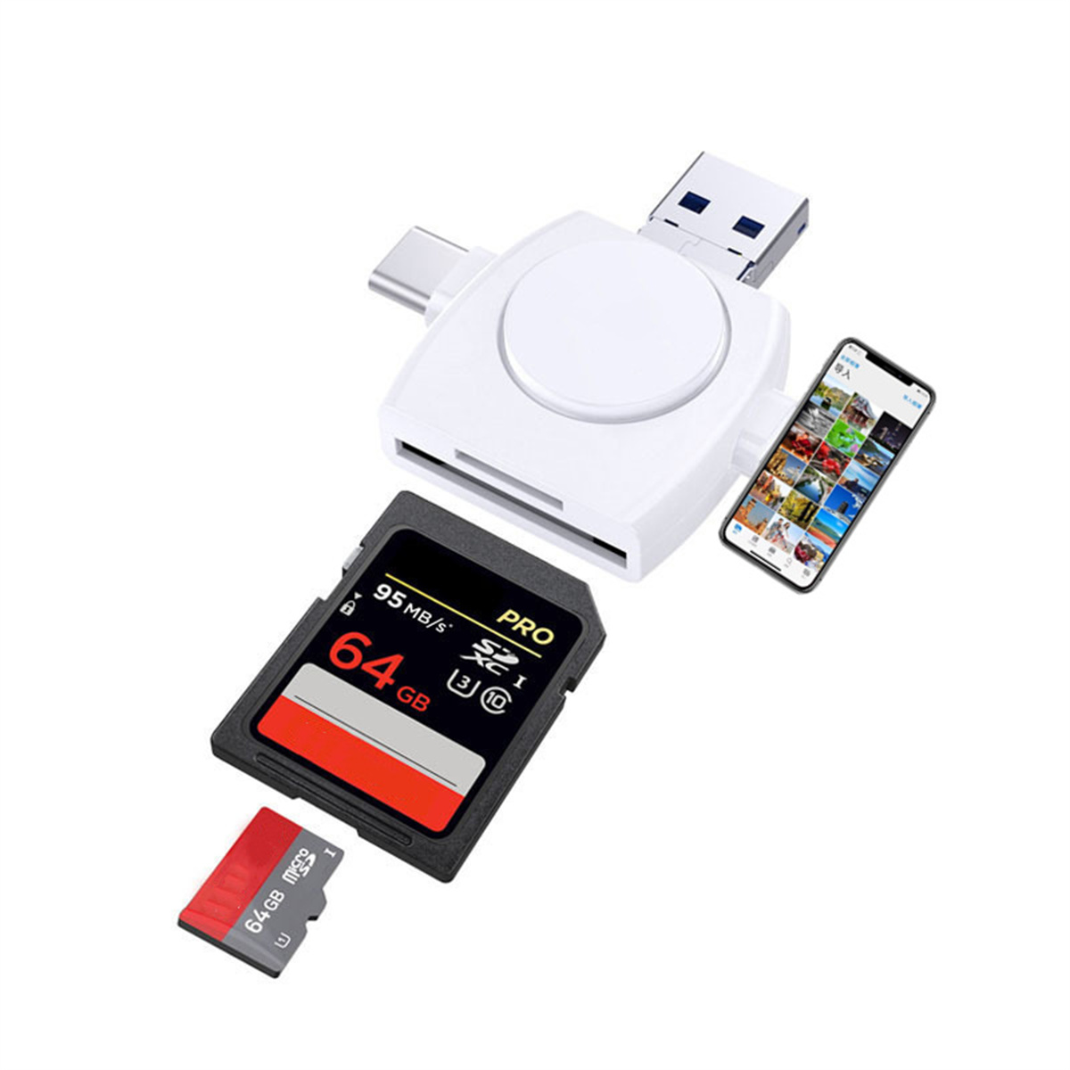 Weißer Kartenleser mit SD-Karte, Micro-SD-Karte und einem Telefon mit Bildern.