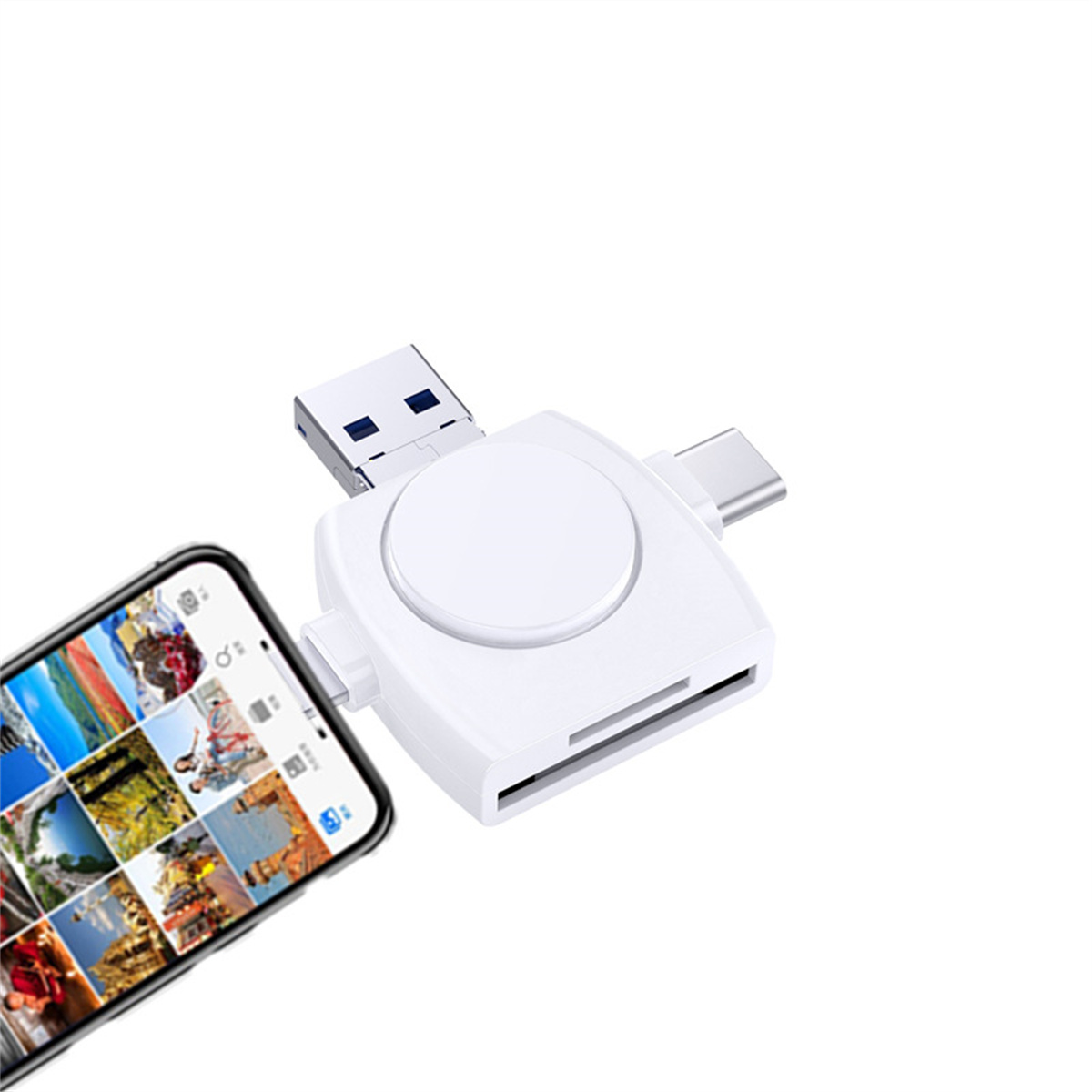 Ein weißer USB-Kartenleser mit einem Telefon, das Bilder zeigt. Der Leser hat USB- und Typ-C-Anschlüsse.