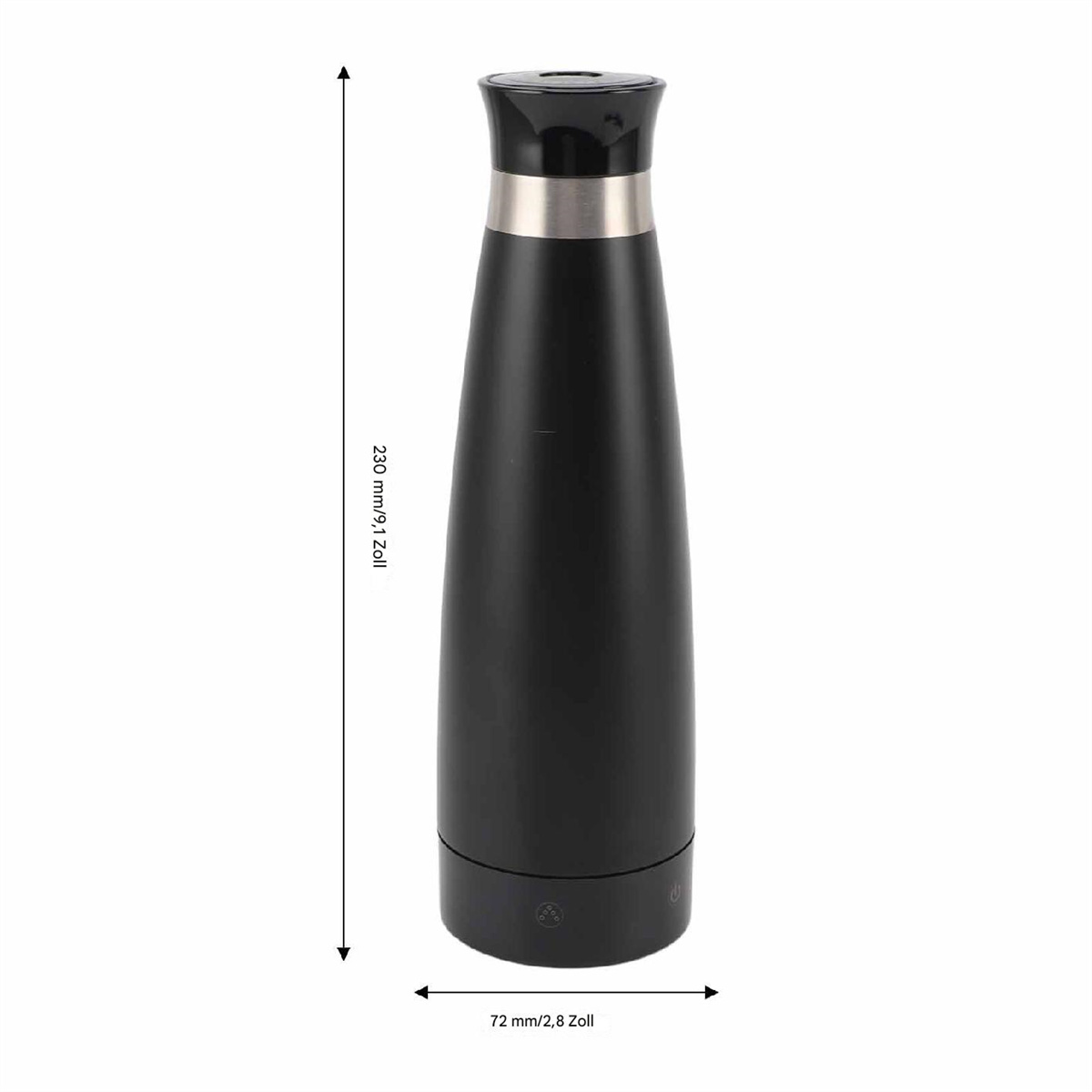 Schwarze Wasserflasche mit Maßen. Schwarze Wasserflasche mit silbernem Deckel und Maßen an der Seite.