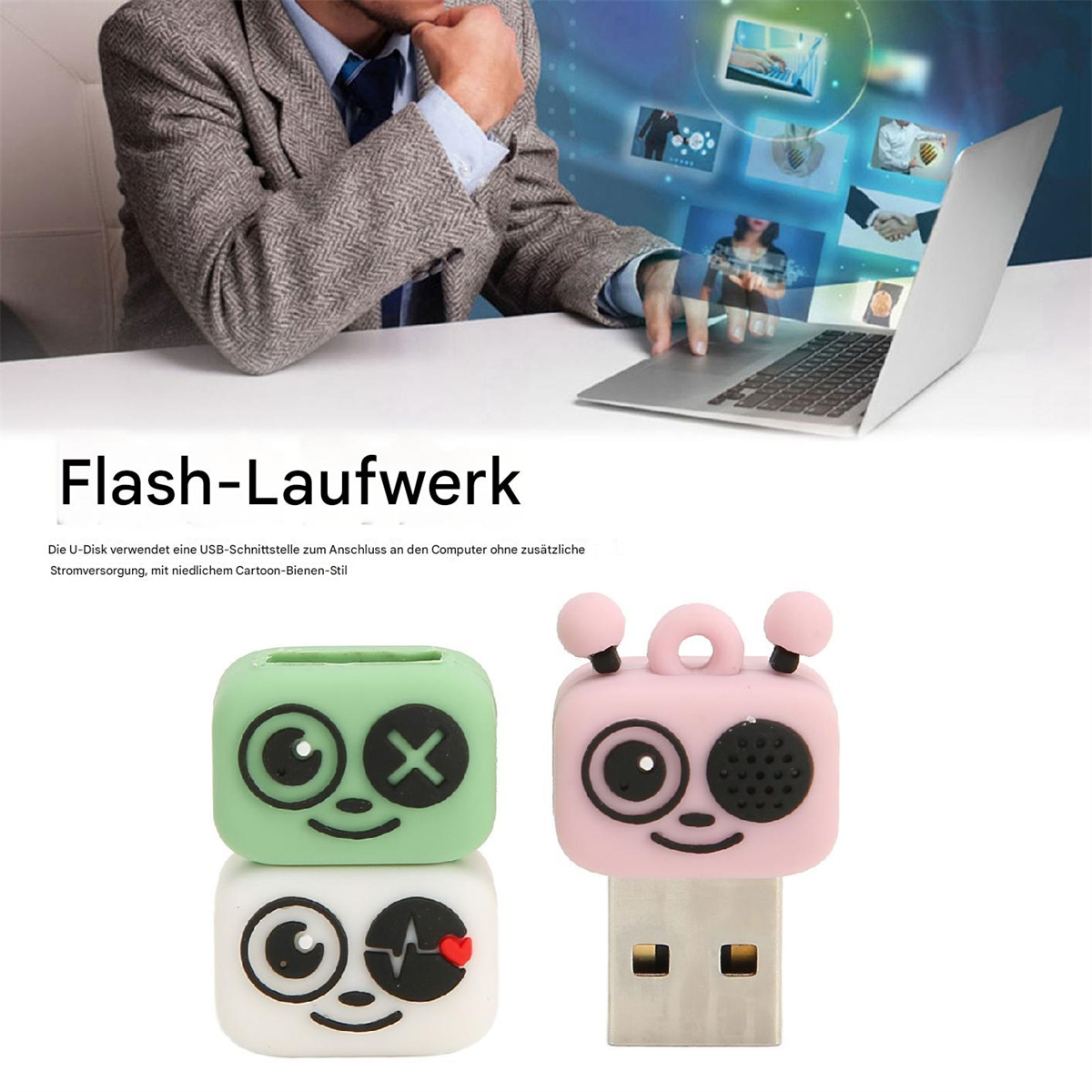 USB-Flash-Laufwerke in Cartoon-Designs: grün, weiß und rosa.