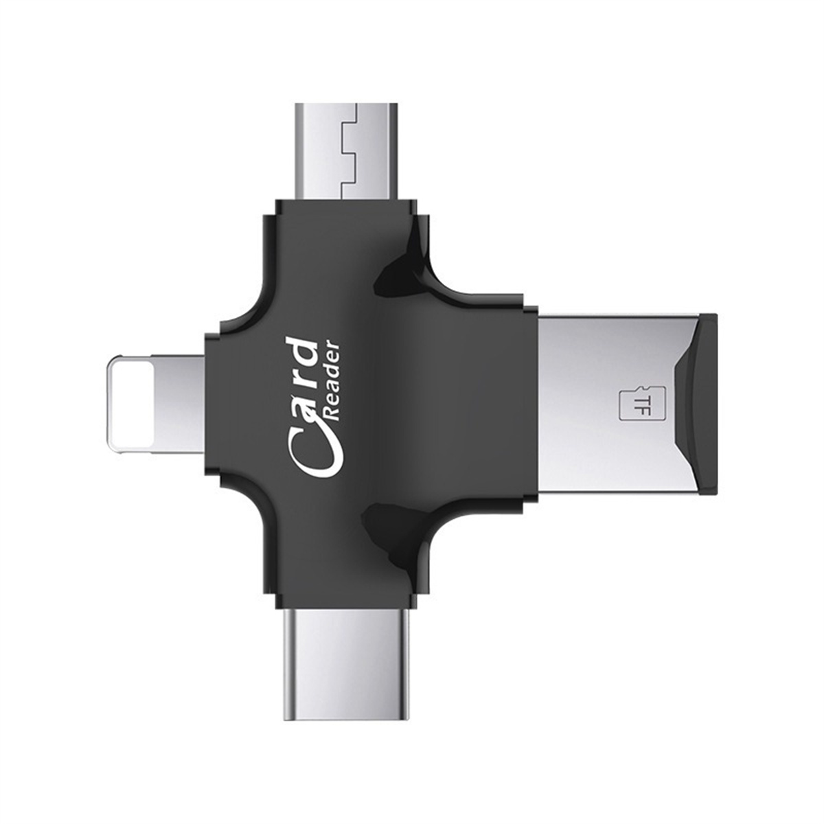 Ein schwarzer Kartenleser mit mehreren Anschlüssen, darunter USB-C, Micro-USB und Lightning.