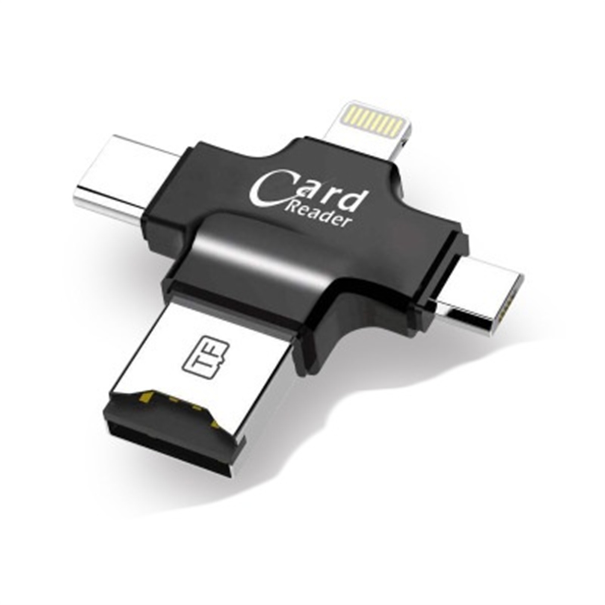 Schwarzer Multi-Connector mit USB-C-, USB- und Lightning-Anschlüssen. Der Text 'Card Reader' steht darauf.