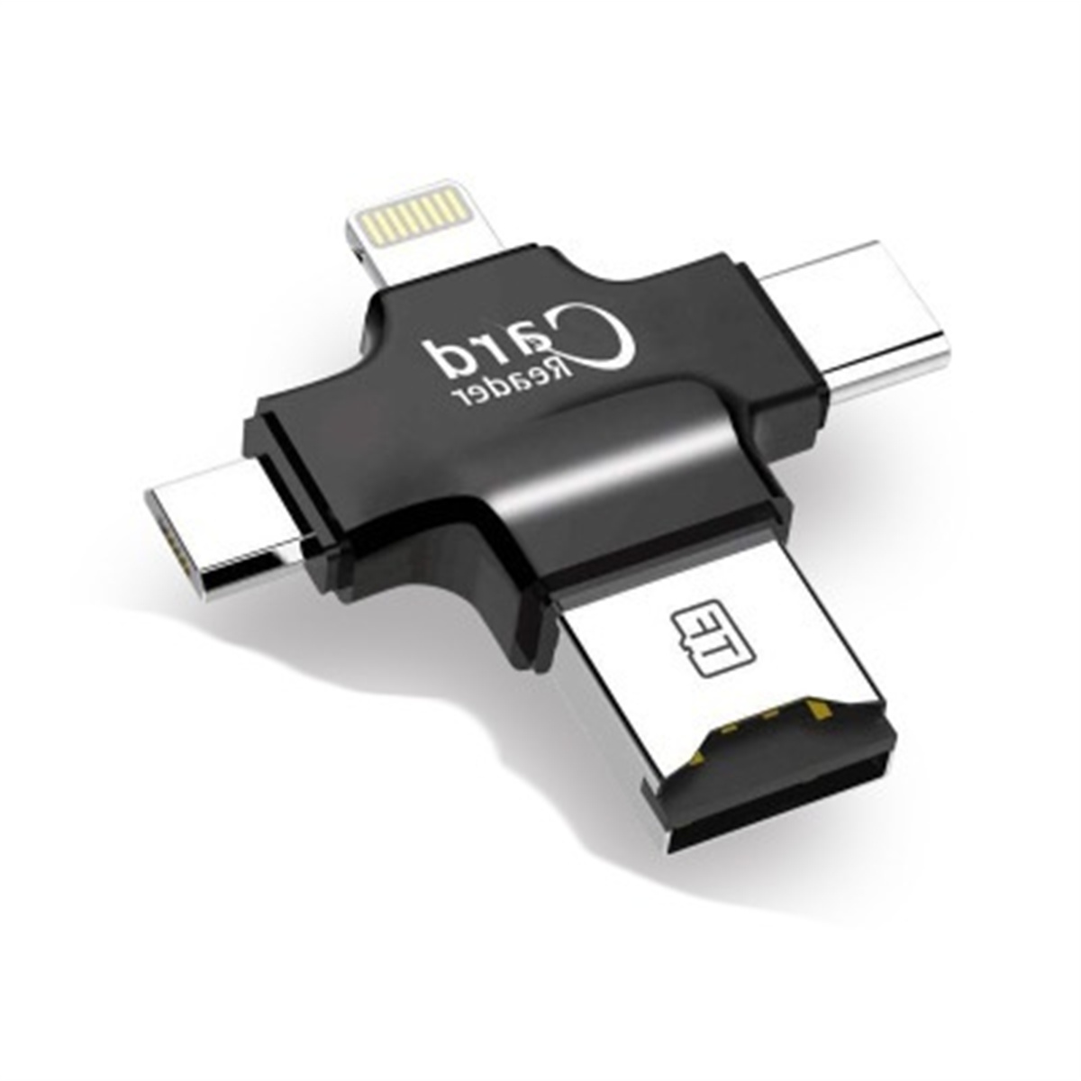 Ein schwarzer Multi-Port-Kartenleser mit USB-, Typ-C- und Lightning-Anschlüssen.