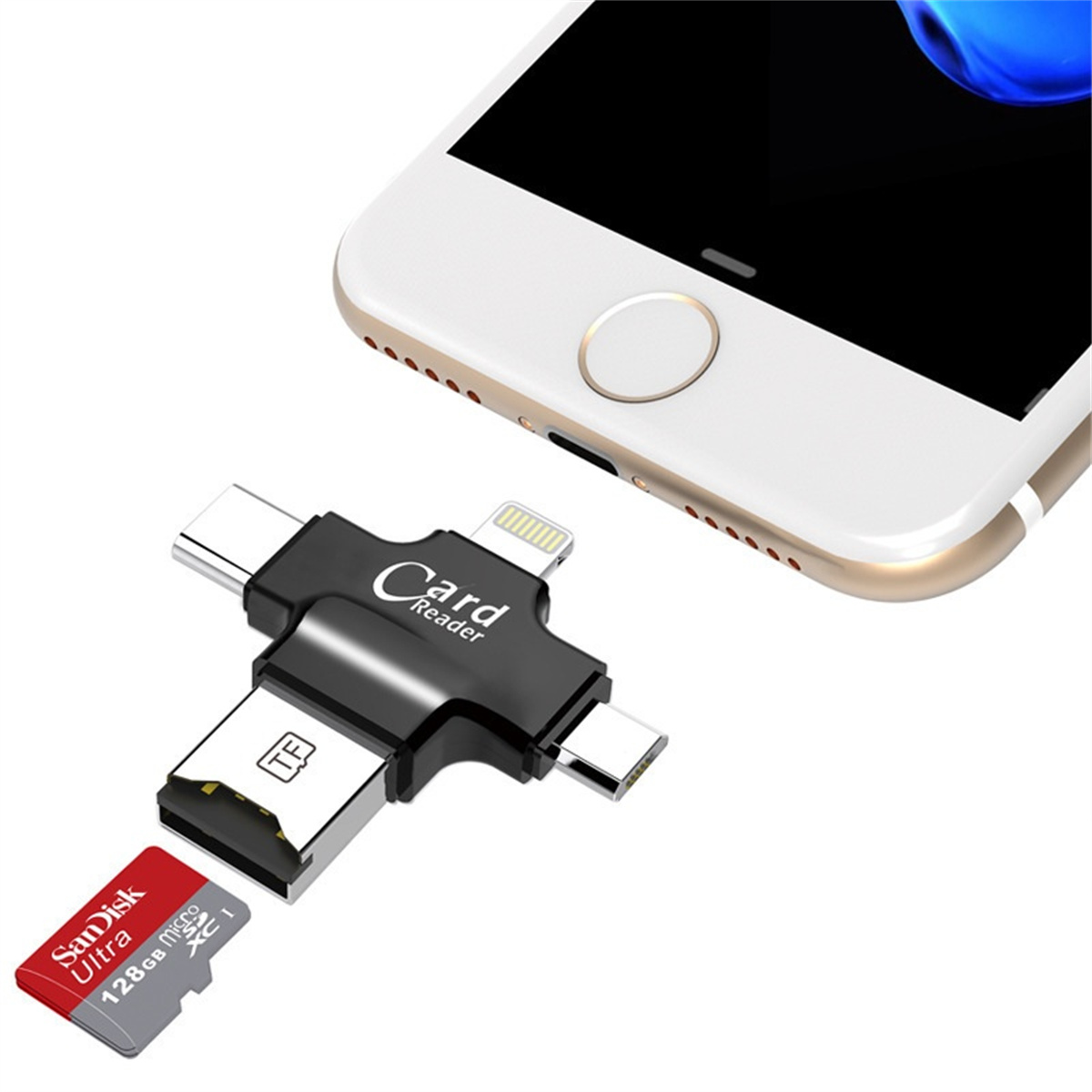 Ein Kartenleser, der mit einem Telefon und einer Micro-SD-Karte verbunden ist. Der Leser hat mehrere Anschlüsse.