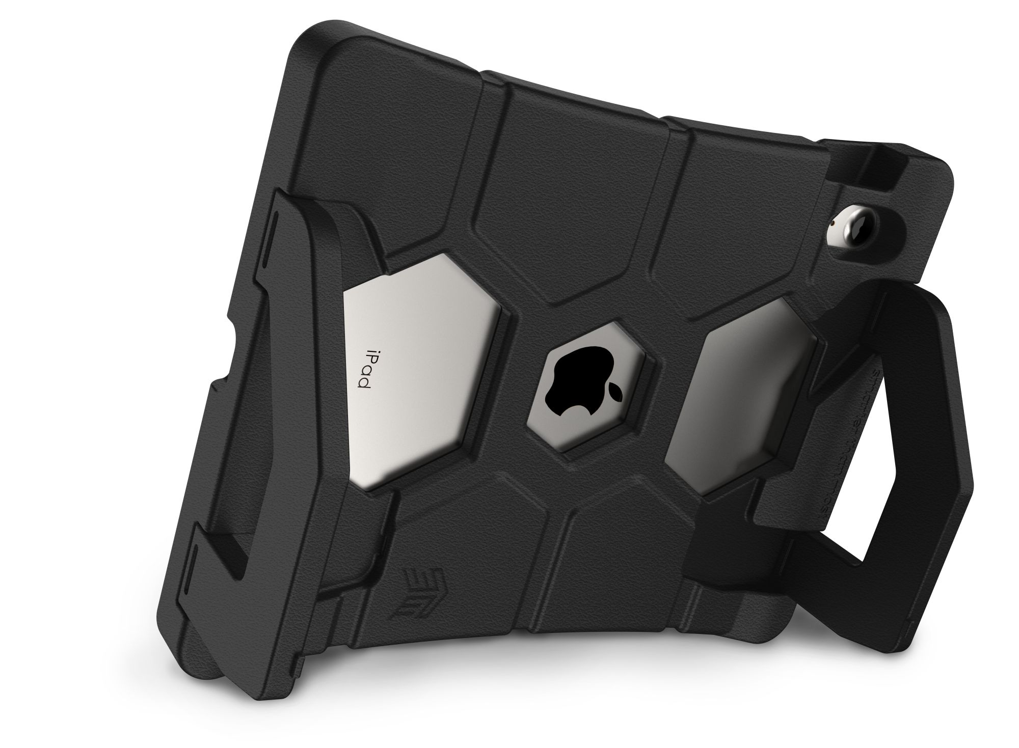 Eine schwarze Schutzhülle für ein iPad. Die Hülle hat einen Ständer und eine Aussparung für das Apple-Logo.
