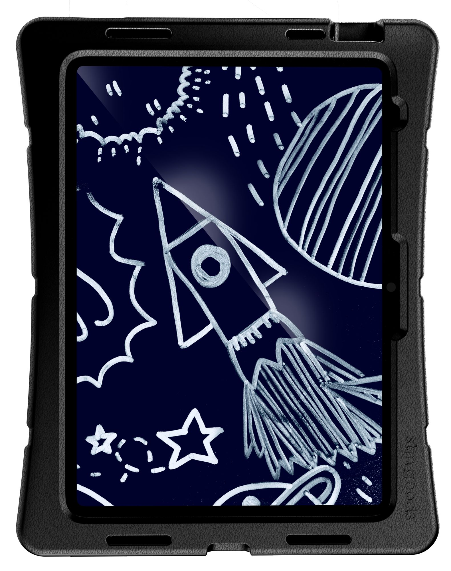 Tablet in einer Hülle mit Weltraum-Zeichnung.
