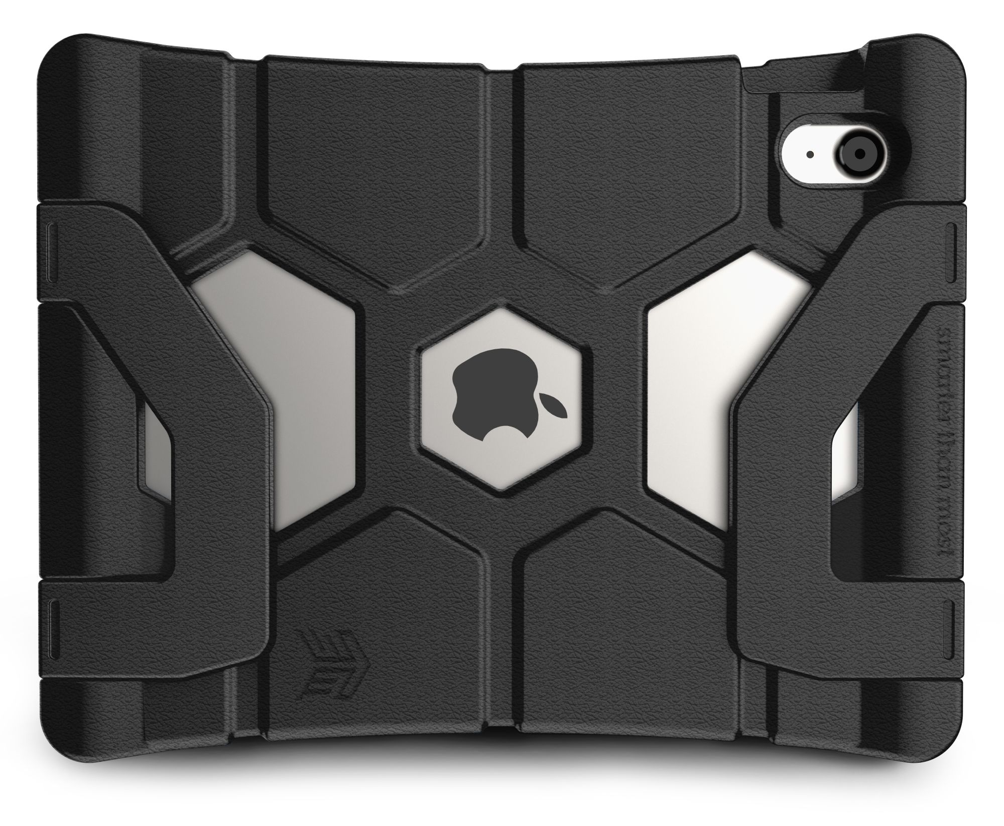 Eine schwarze Tablethülle mit strukturiertem Design, die die Rückseite eines Tablets bedeckt.