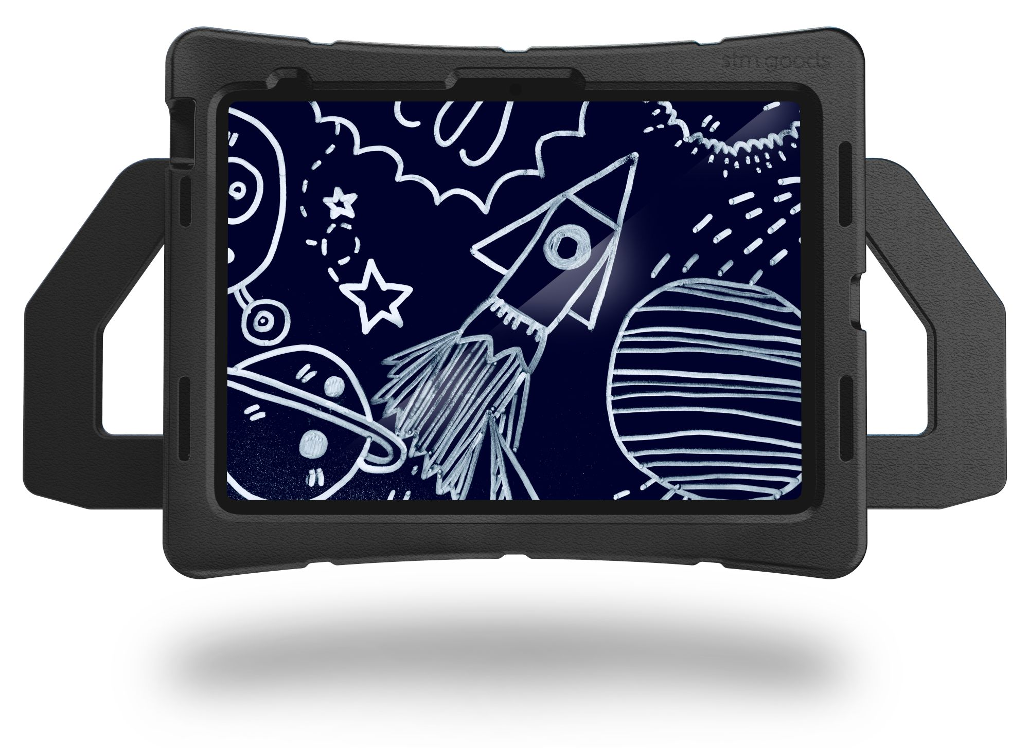 Ein Tablet in einem schwarzen Gehäuse, das eine Weltraumszene-Zeichnung zeigt.