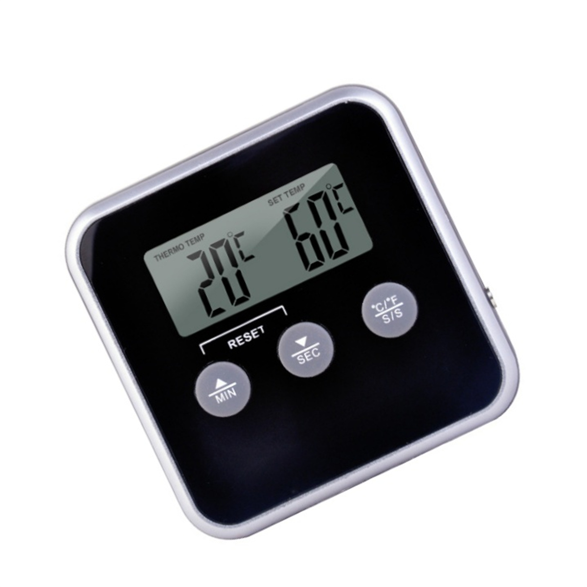 Quadratischer schwarzer und silberner digitaler Küchentimer. Zeigt 20°C und 60s.