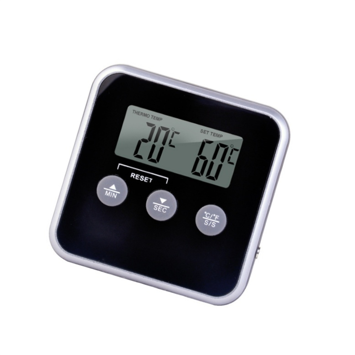 Schwarzer digitaler Timer mit Anzeige 20 und 60, mit drei Tasten darunter.