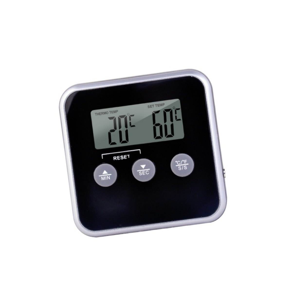 Digitaler Küchentimer mit 20°C und 60°C auf schwarzem Bildschirm.