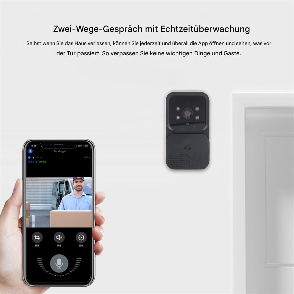 Eine Person hält ein Telefon mit einem Bildschirm, auf dem ein Mann zu sehen ist, neben einer schwarzen Türkamera.