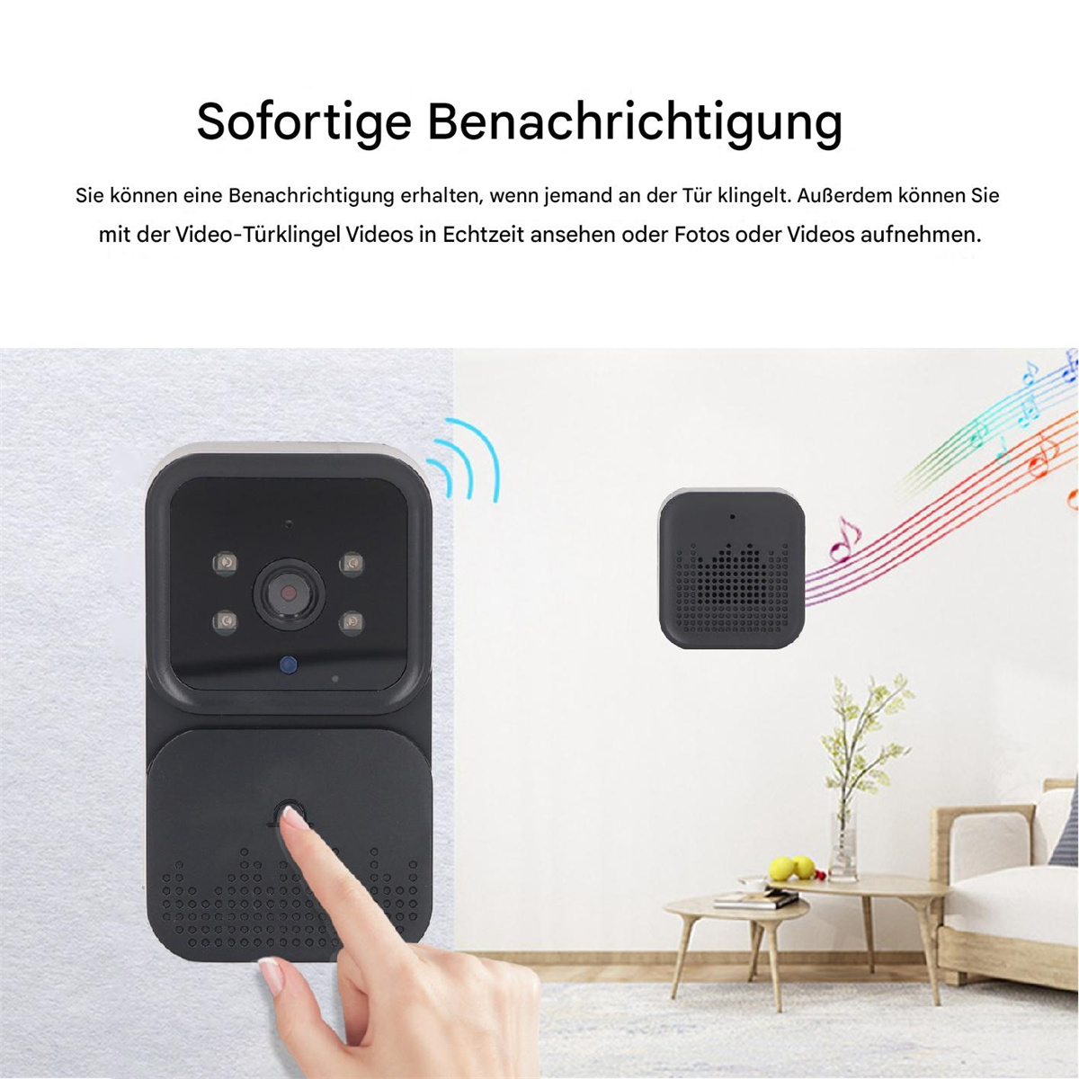 Türklingel und Gong-Set. Eine Hand drückt die Türklingeltaste. Gong rechts.
