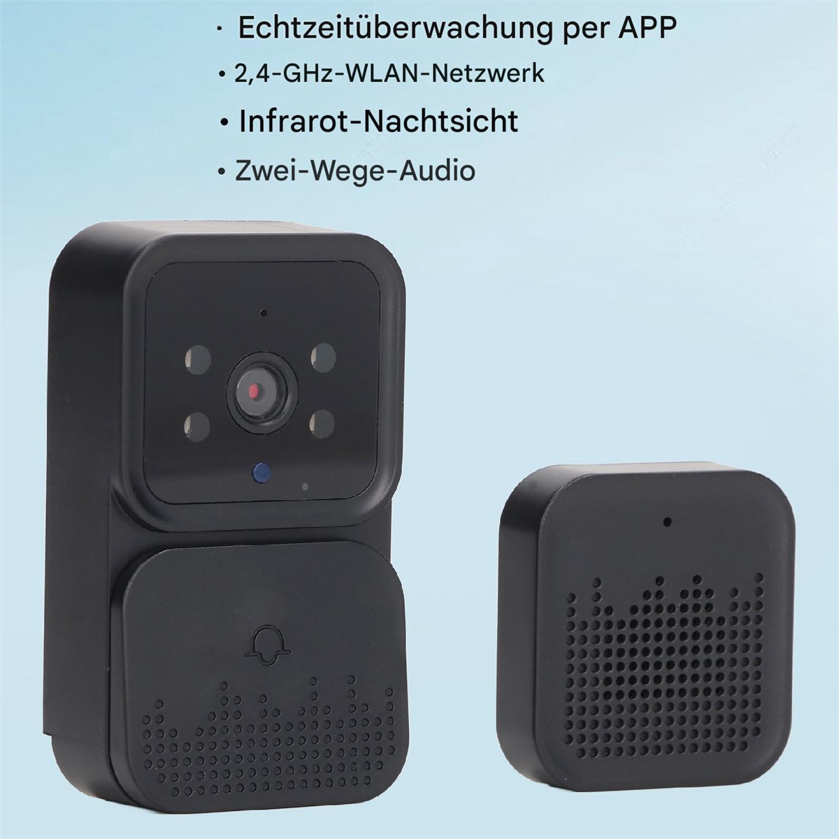 Schwarze Sicherheitskamera und Lautsprecher. Echtzeitüberwachung, Nachtsicht und Zwei-Wege-Audio.