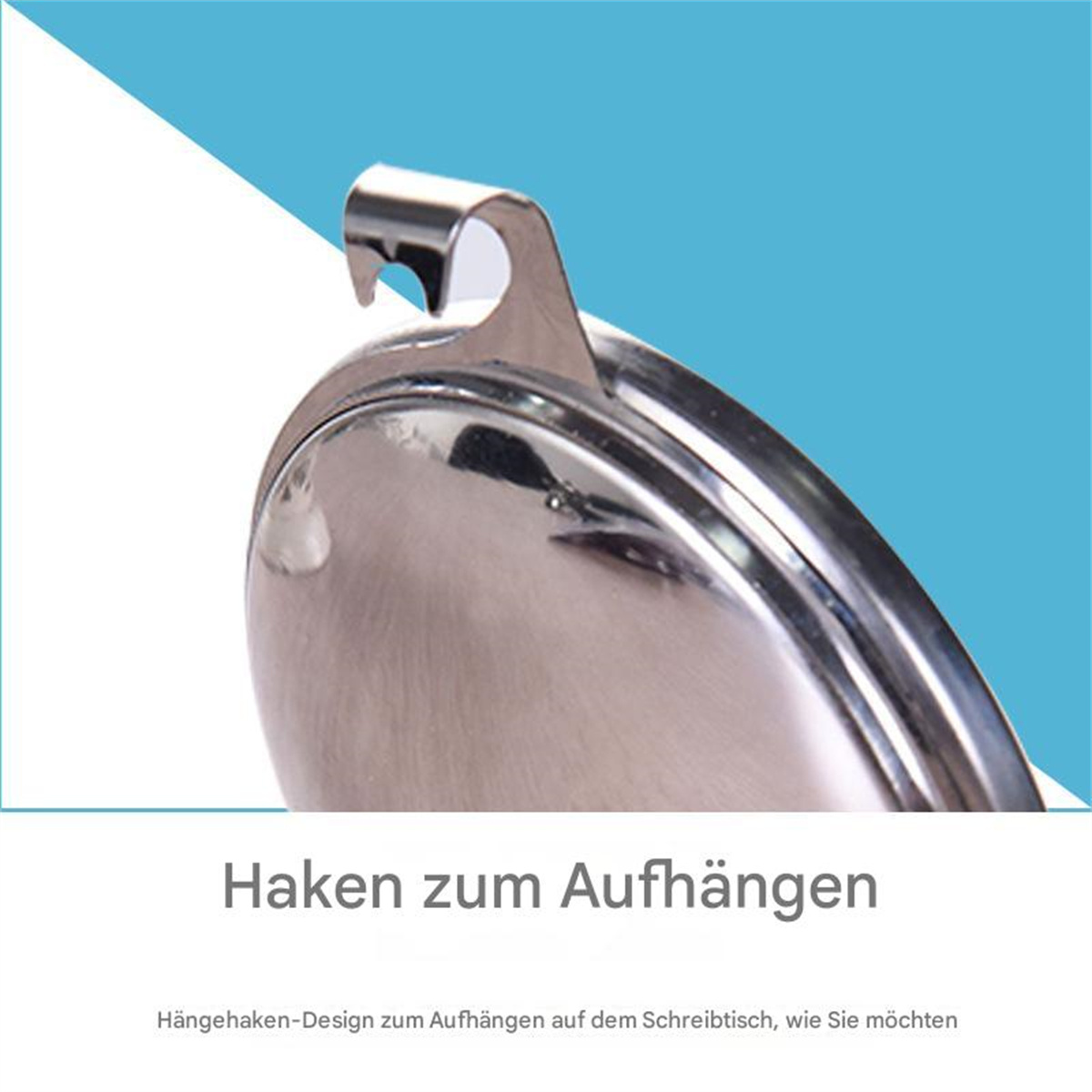 Ein Metallhaken zum Aufhängen, gezeigt auf weiß-blauem Hintergrund.