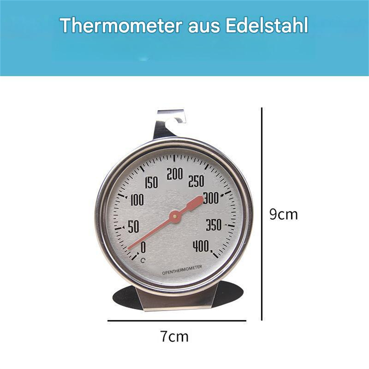 Edelstahlthermometer. Kreisförmiges Zifferblatt mit Temperaturmarkierungen und roter Nadel.