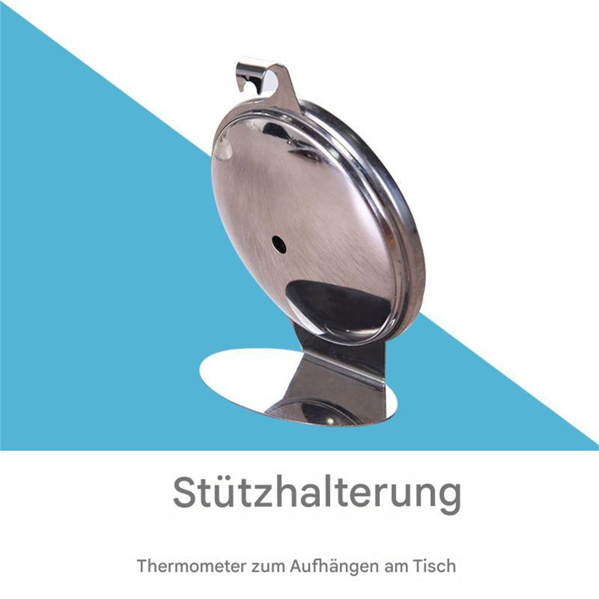 Ein Edelstahl-Thermometerhalter auf blauem Hintergrund. Text auf Deutsch.
