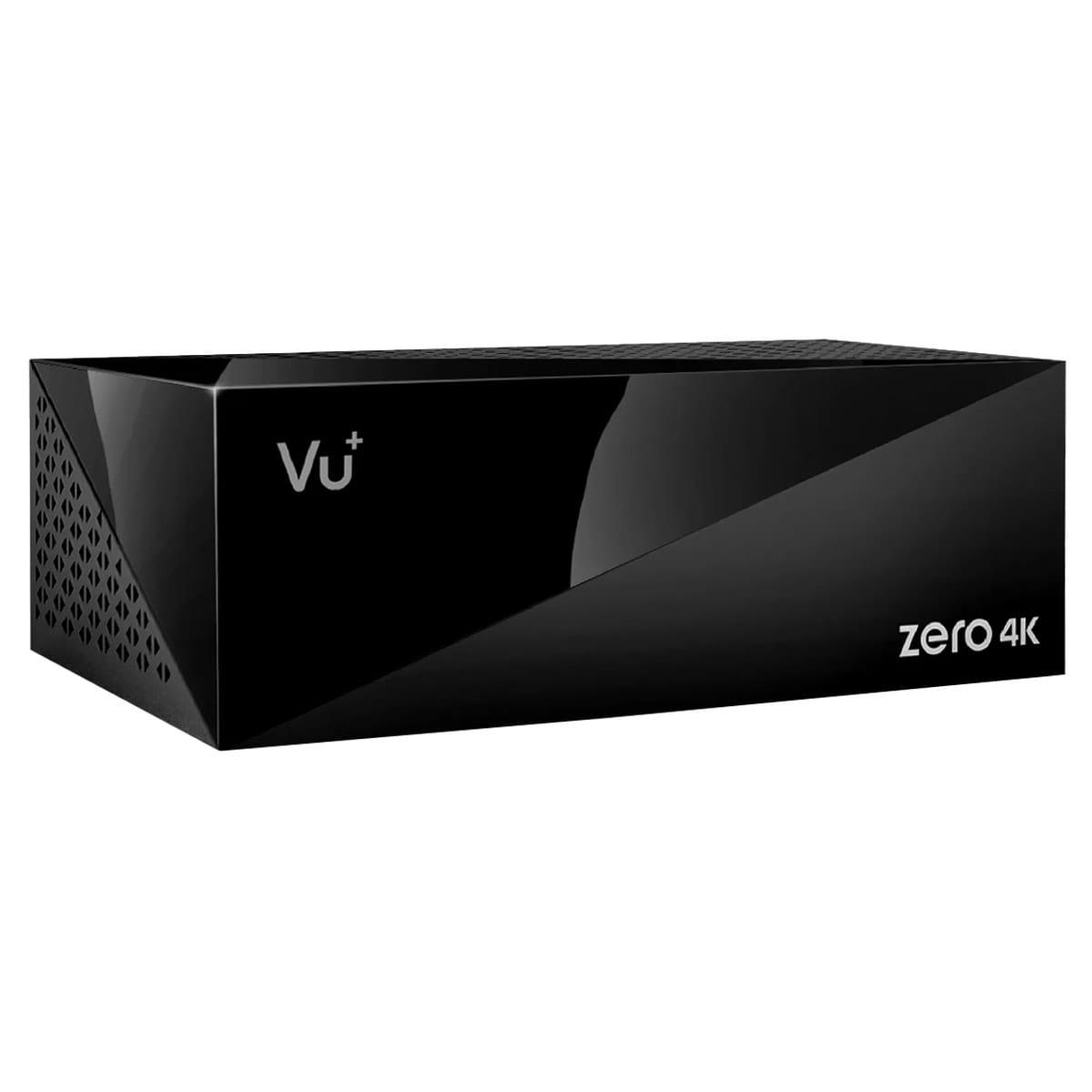 Eine schwarze Set-Top-Box mit abgewinkeltem Design und den Aufschriften 'Vu+' und 'zero 4K'.