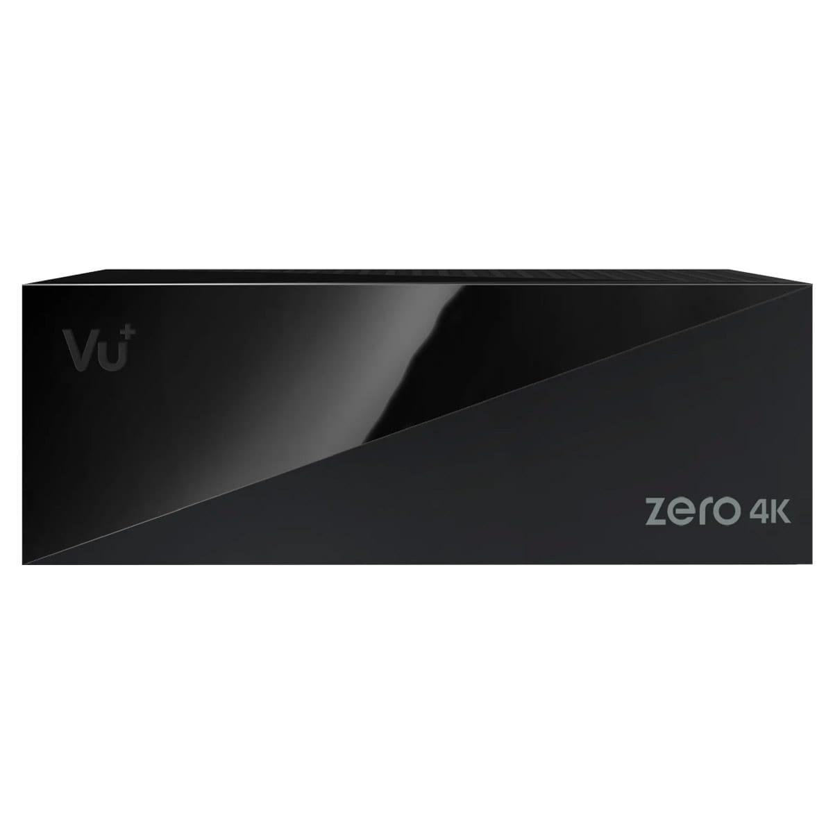 Eine schwarze Vu+ Zero 4K Receiverbox. Das Logo und der Text sind auf der Vorderseite zu sehen.