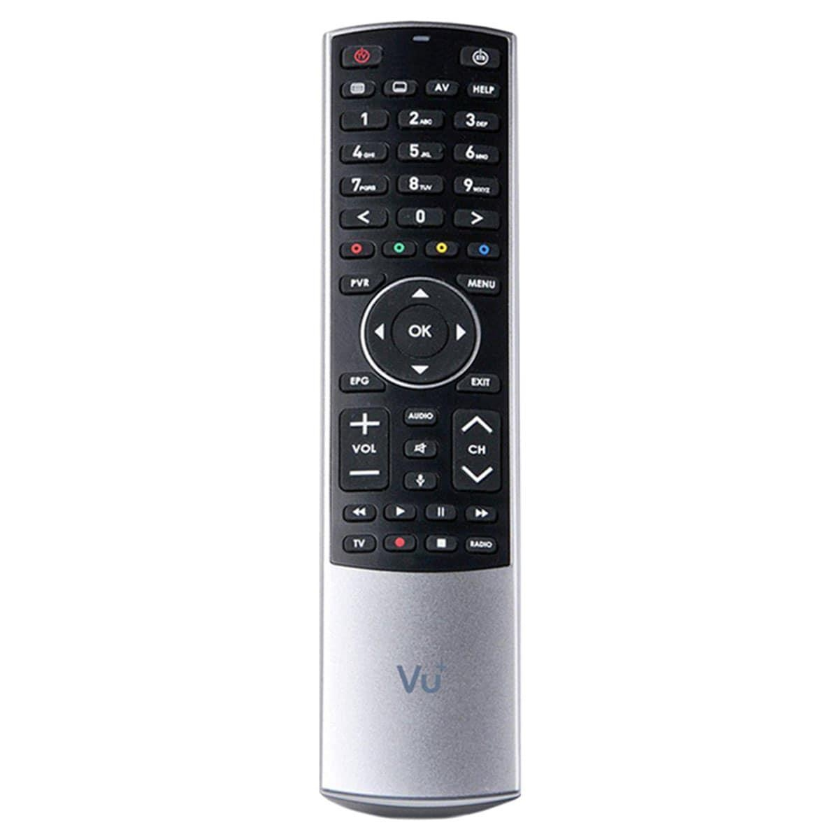 Schwarze TV-Fernbedienung mit vielen Tasten, silberner Boden und Vu-Logo.