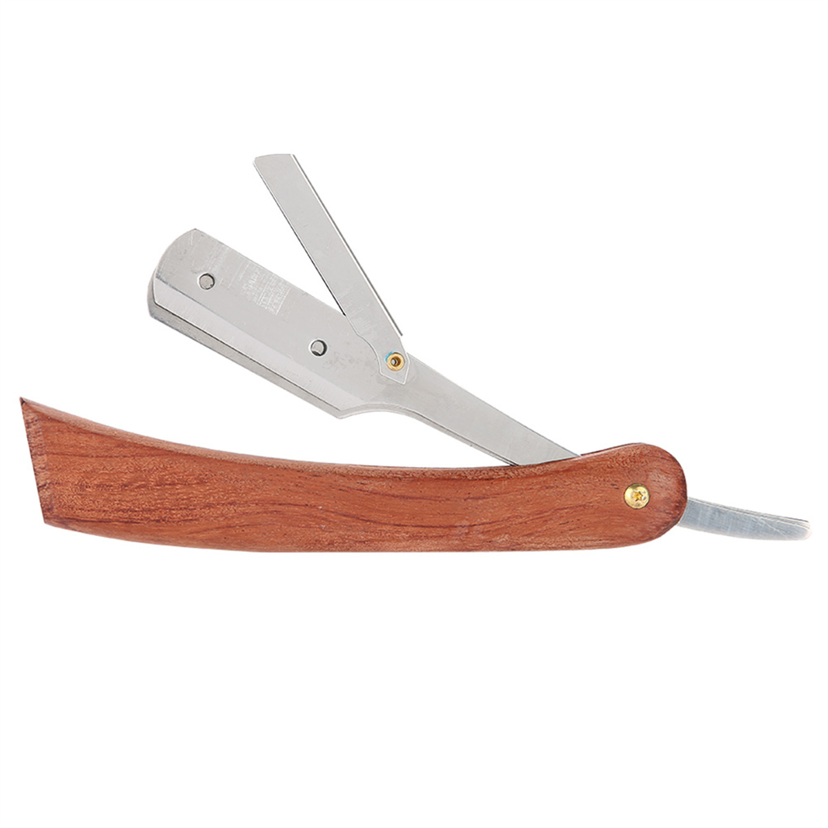 Offener Rasiermesser mit Holzgriff. Die Klinge ist offen und glänzend, einsatzbereit.