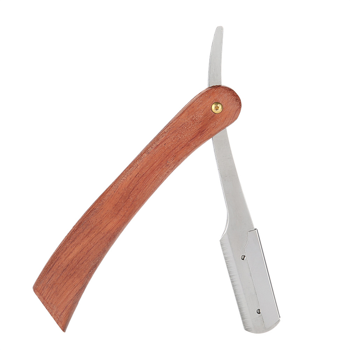 Offener Rasiermesser mit Holzgriff und Silberklinge. Abgewinkelt, auf weißem Hintergrund.