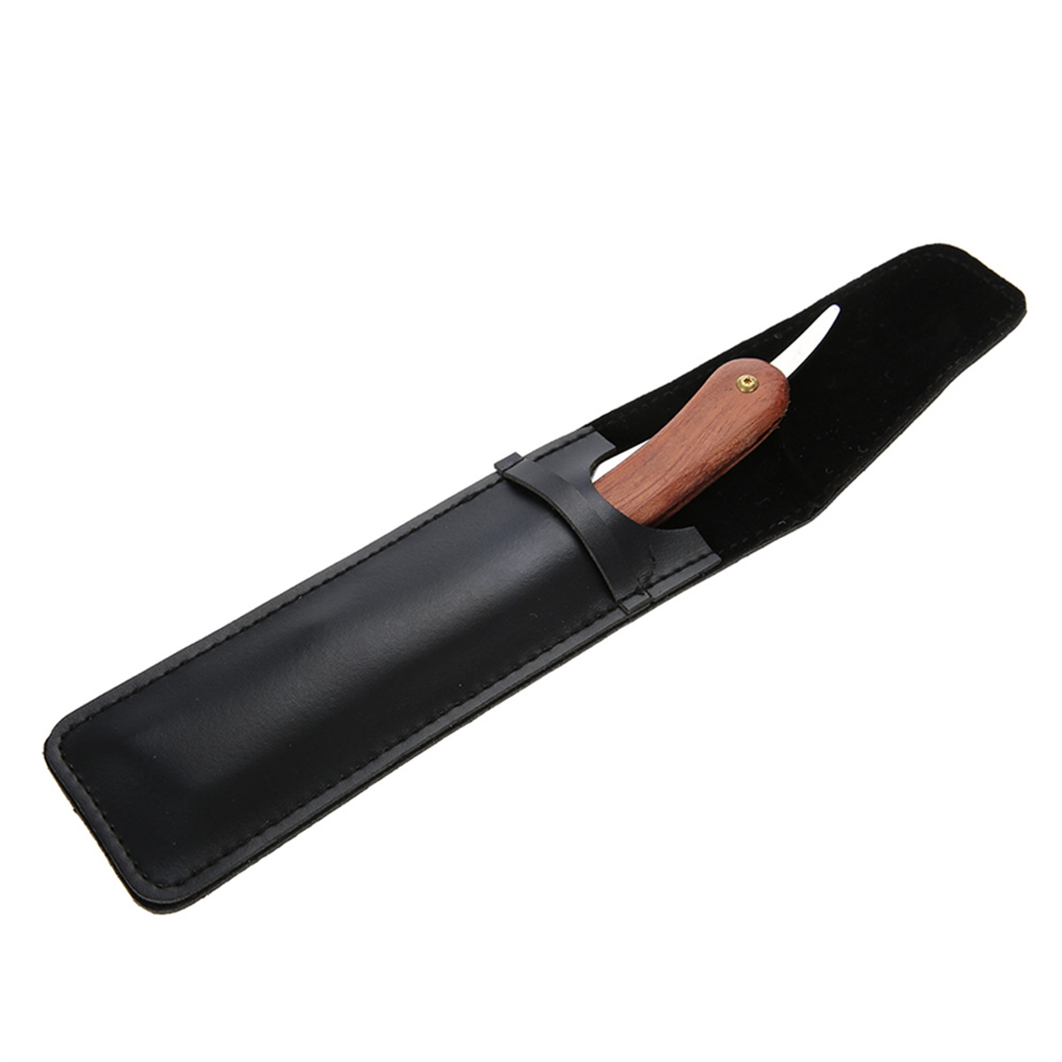 Schwarze Lederscheide mit einem Messer mit Holzgriff. Das Messer ist für Detailarbeiten konzipiert.