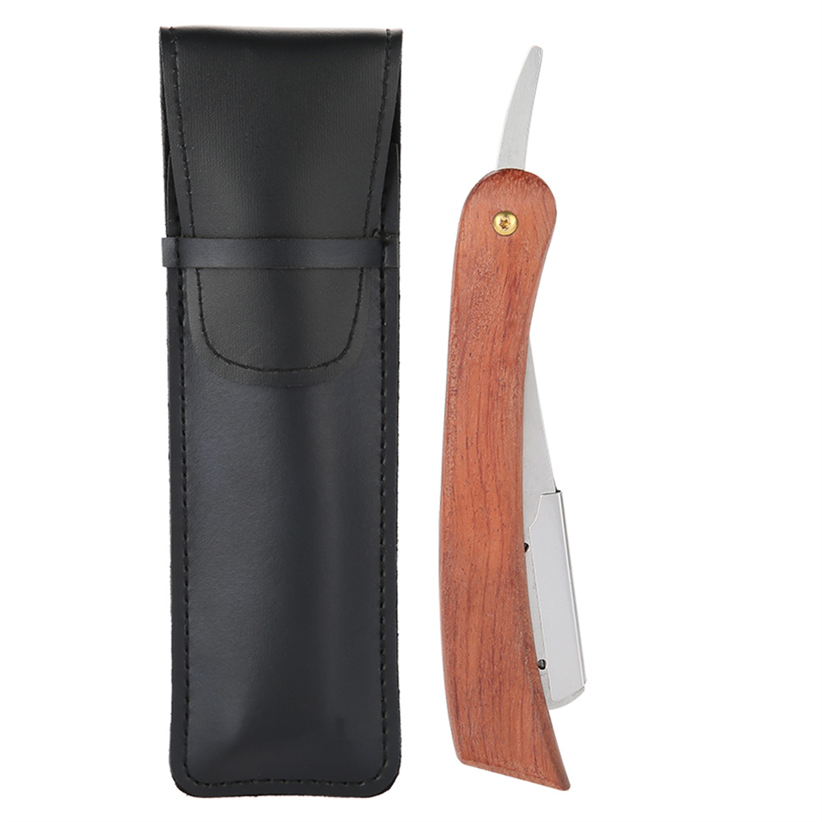 Eine schwarze Leder-Rasierklingenetui mit einem Rasierer mit Holzgriff.