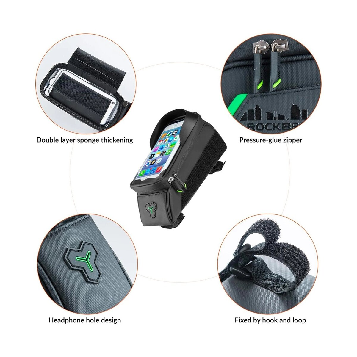 Borsa da bici nera con telefono, cerniera e chiusure a gancio, circondata da illustrazioni delle caratteristiche.