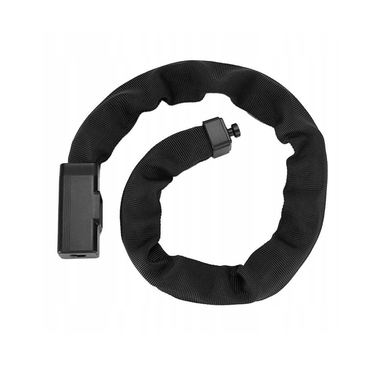 Lucchetto per bicicletta nero, arrotolato. Il lucchetto è una catena ricoperta da un tessuto nero.