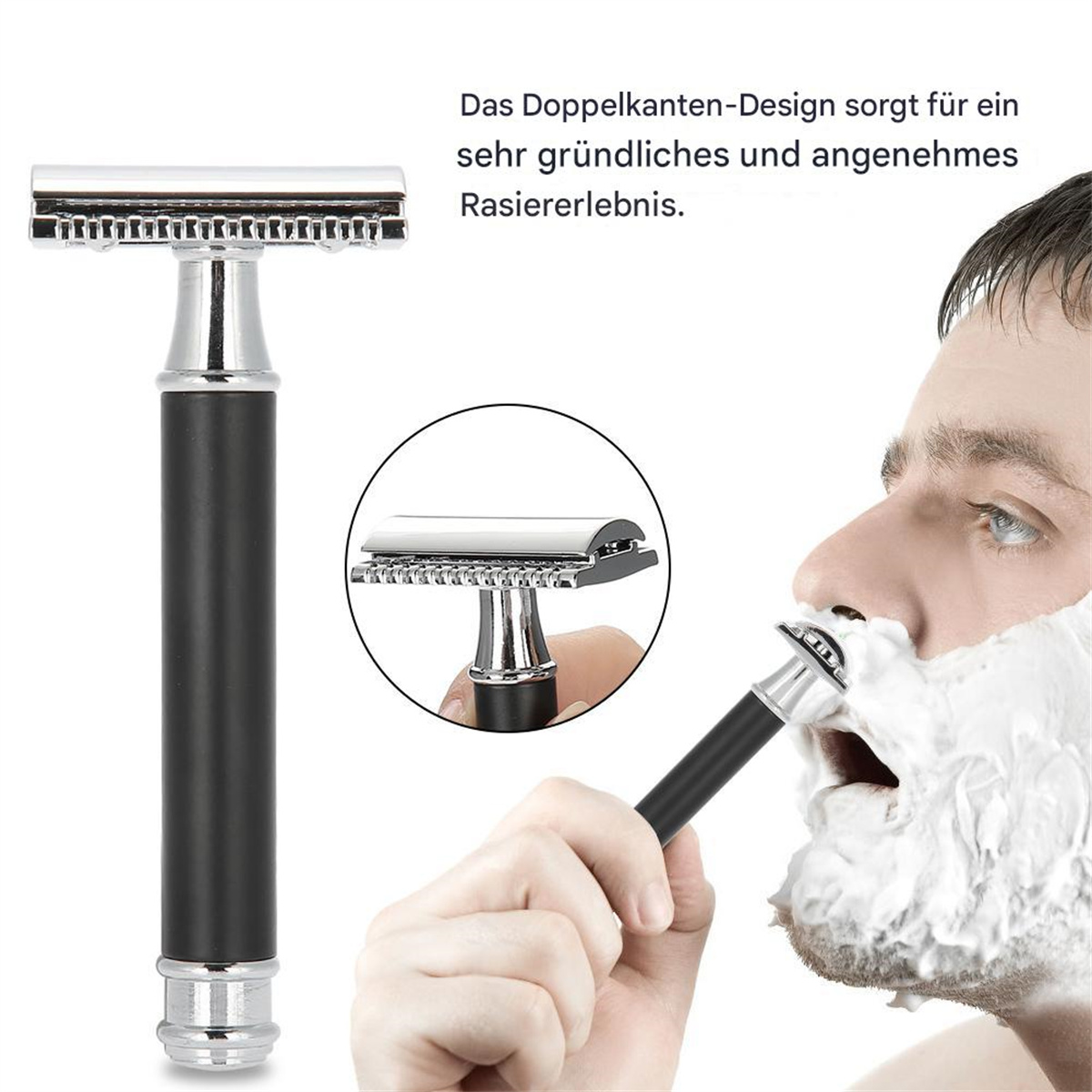 Ein Rasierer mit schwarzem Griff und ein Mann beim Rasieren. Nahaufnahme zeigt Rasierer im Gebrauch.