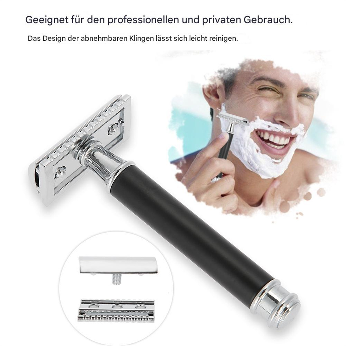Ein Rasierapparat mit einem Mann, der sich rasiert, mit Text oben.
