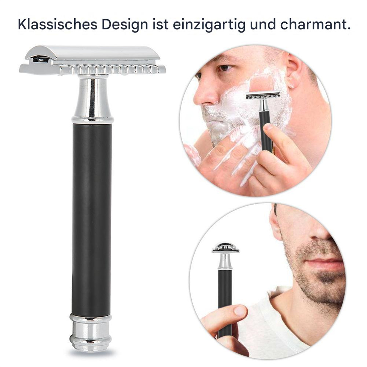 Ein Mann rasiert sich mit einem Rasierhobel. Es gibt zwei Bilder des Rasierers.