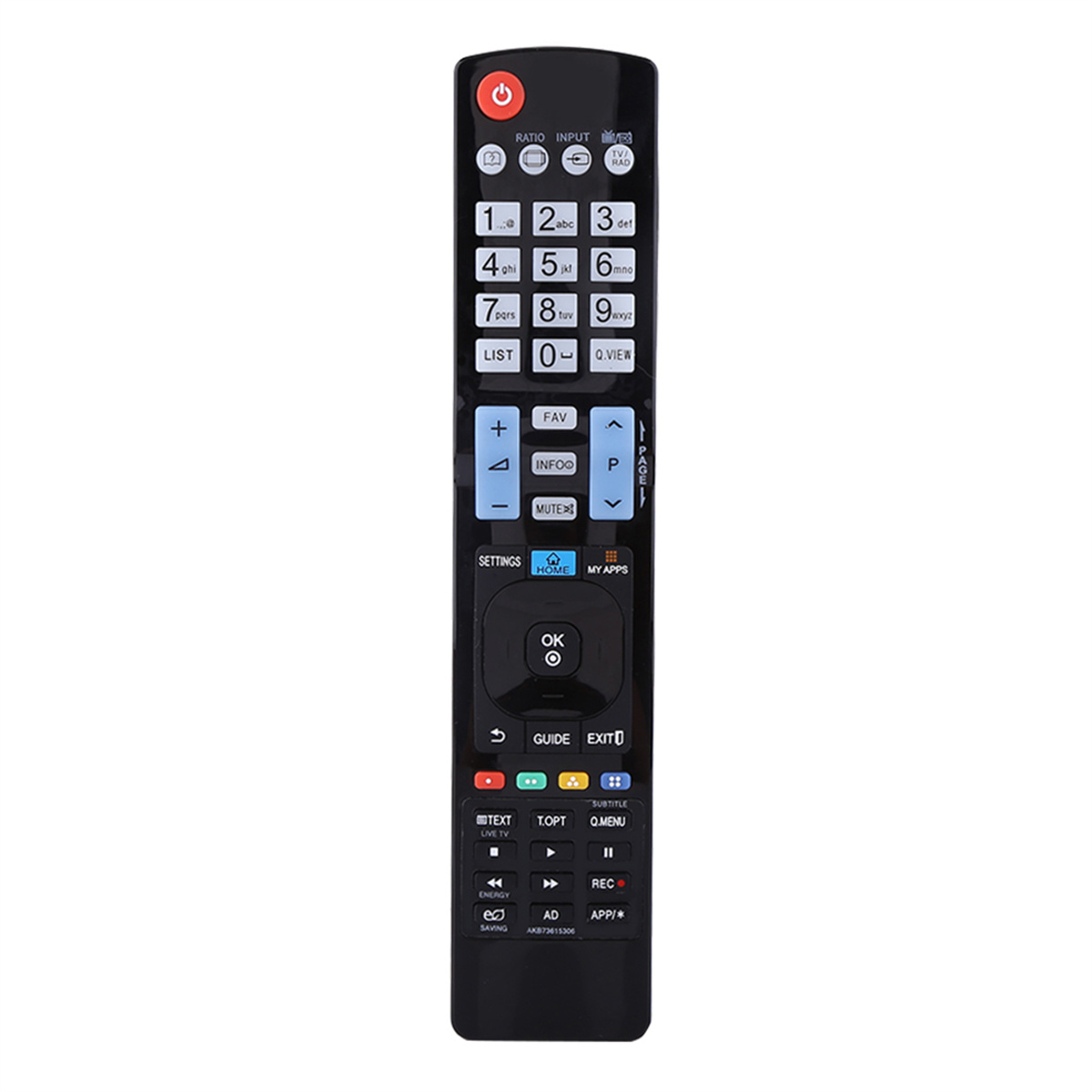 Schwarze TV-Fernbedienung mit zahlreichen Tasten. Zahlen und Symbole sind sichtbar.