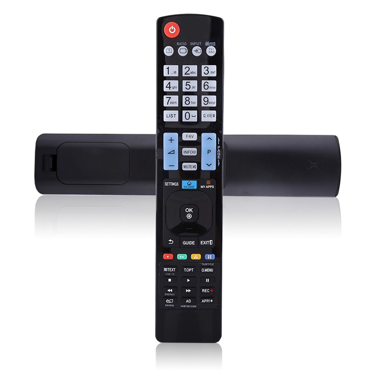 Schwarze TV-Fernbedienung. Tasten für Strom, Zahlen, Lautstärke und Einstellungen. Inkl. Batterieabdeckung.