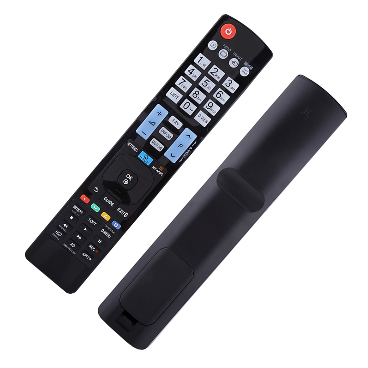 Schwarze TV-Fernbedienung mit Tasten und geöffneter Batterieabdeckung.