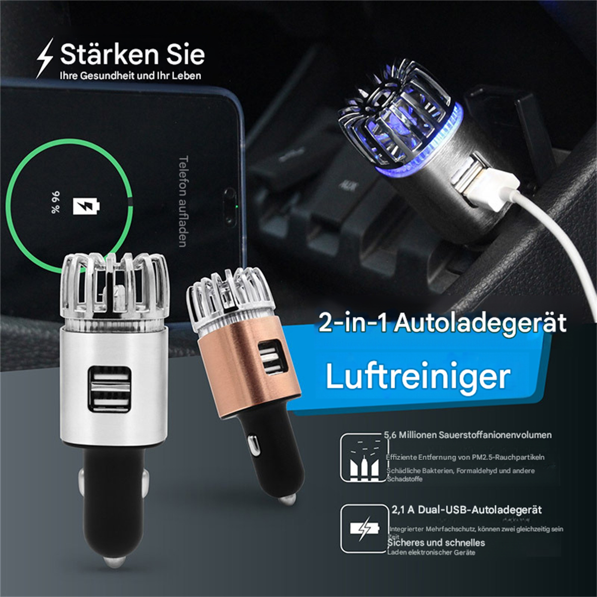 Auto-Luftreiniger mit USB-Anschlüssen und anderen Funktionen, mit begleitendem Text.