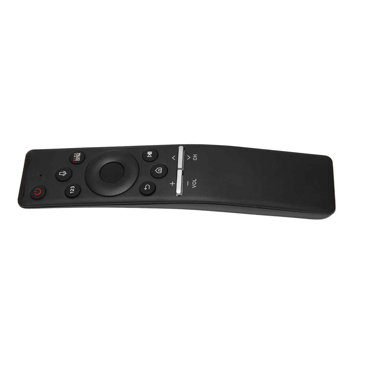 Eine schwarze Samsung TV-Fernbedienung. Die Fernbedienung hat verschiedene Tasten wie Ein/Aus, Zahlen, Lautstärke- und Kanalsteuerung.