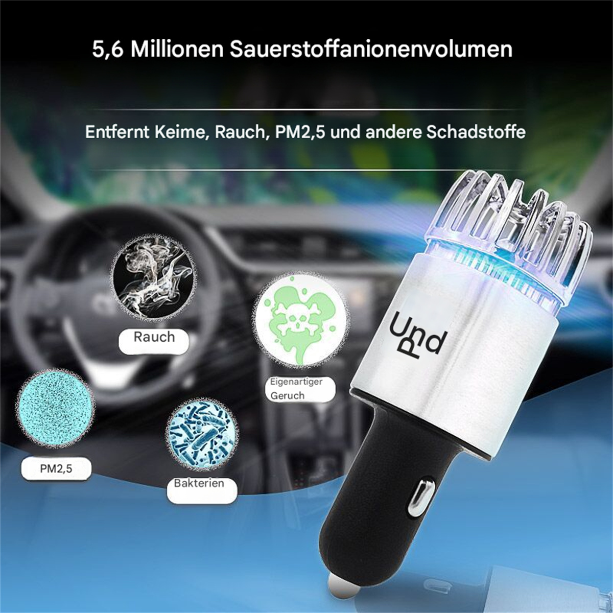 Auto-Luftreiniger mit verschiedenen Symbolen, die die Entfernung von Rauch, Keimen und anderen Schadstoffen anzeigen.