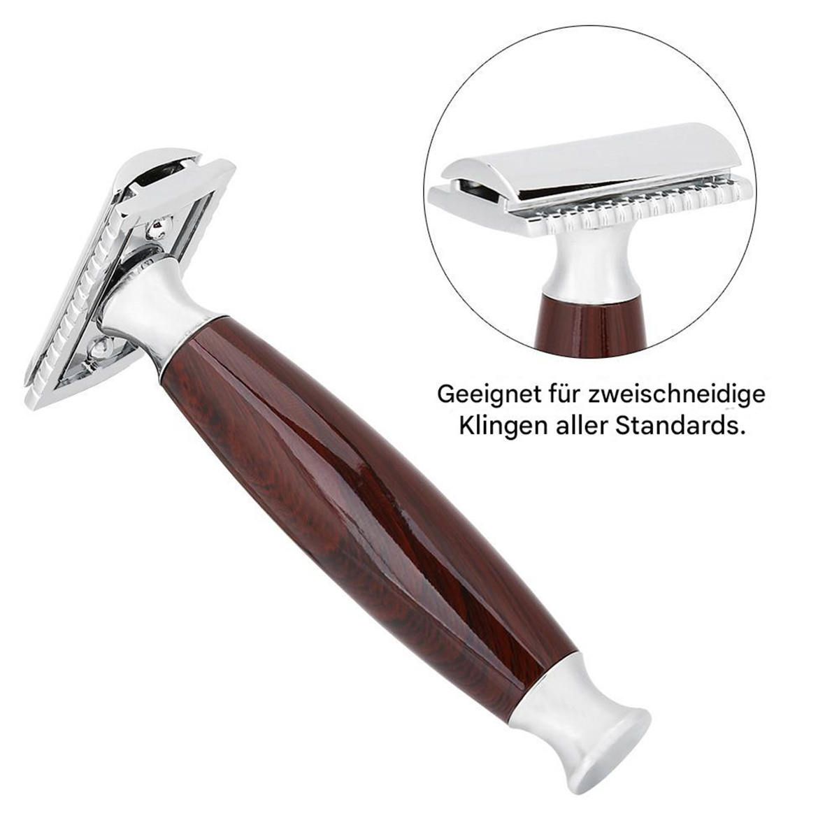 Ein Rasierer in Silber und Braun. Der Text beschreibt ihn als geeignet für zweischneidige Klingen.
