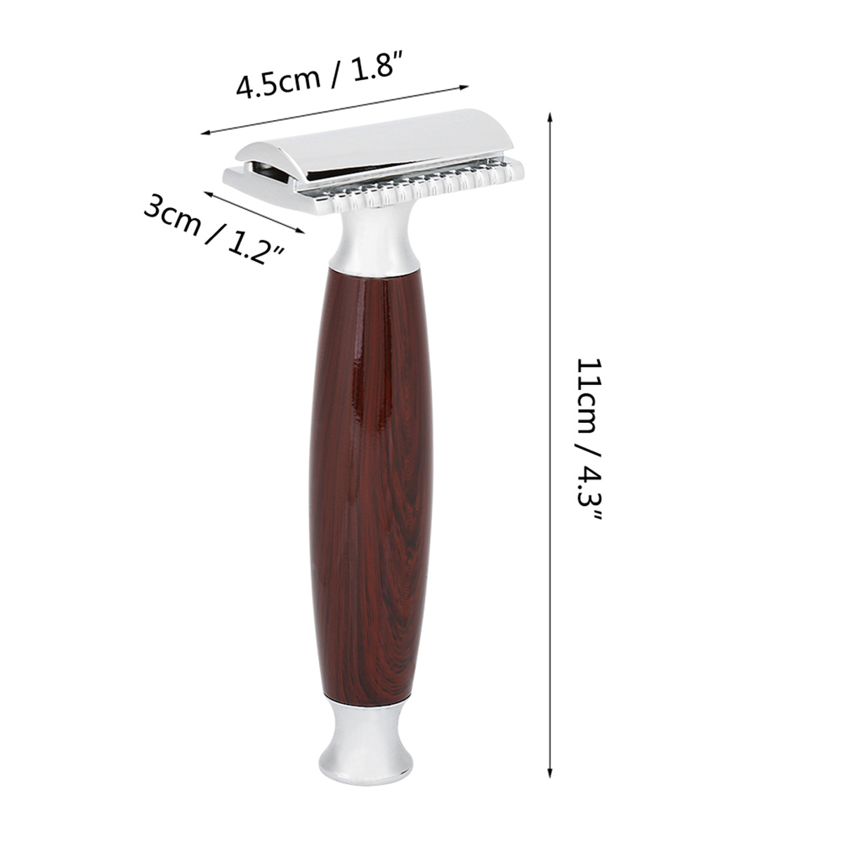 Sicherheitsrasierer aus Silber und Braun mit Abmessungen (11 cm x 4,5 cm/1,8 Zoll x 3 cm/1,2 Zoll).