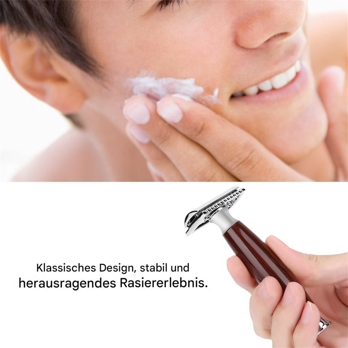 Mann trägt Rasiercreme auf, Nahaufnahme mit Rasierer in der Hand. Der Rasierer ist braun und silber.