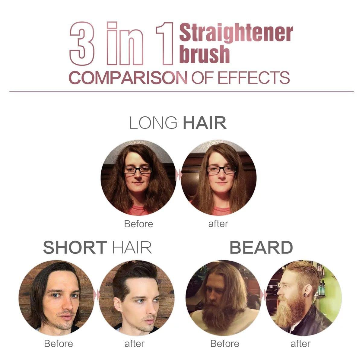 Haarglättungsbürstenvergleich zeigt Vorher/Nachher von langem Haar, kurzem Haar und Bart.