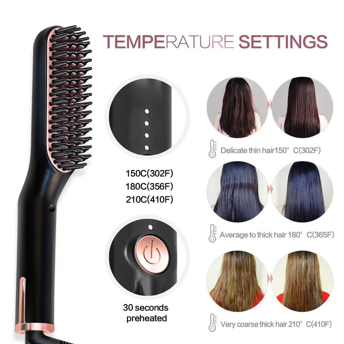 Haarglättungsbürste mit Temperatureinstellungen. Eine Tabelle zeigt die Haartransformation bei verschiedenen Temperaturen.