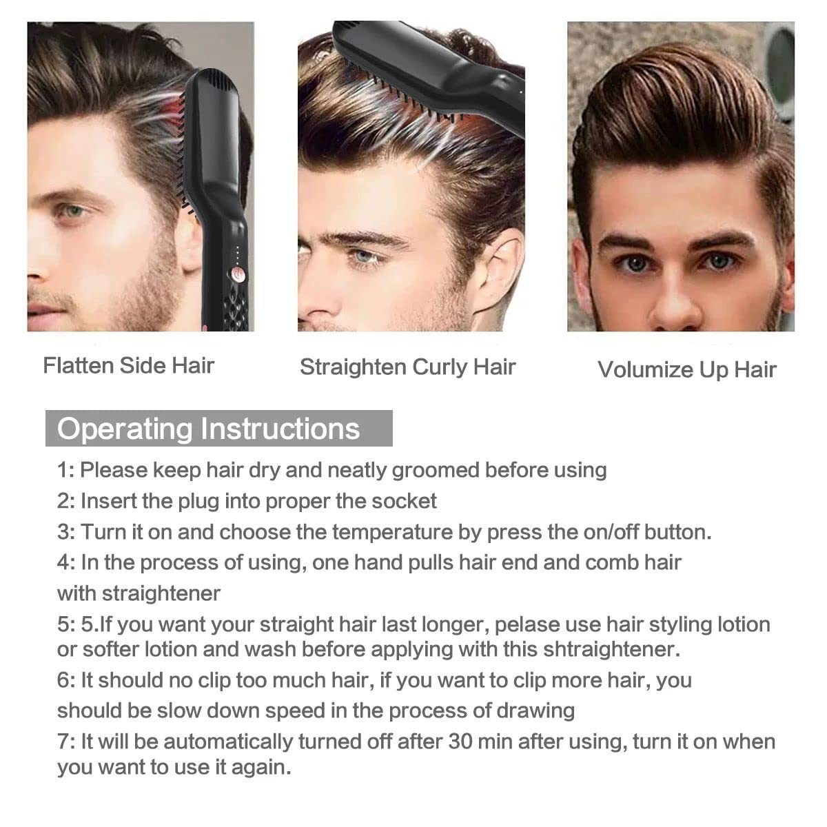 Drei Bilder zeigen das Glätten der Haare mit Anweisungen. Seiten glätten, lockiges Haar glätten und Volumen geben.