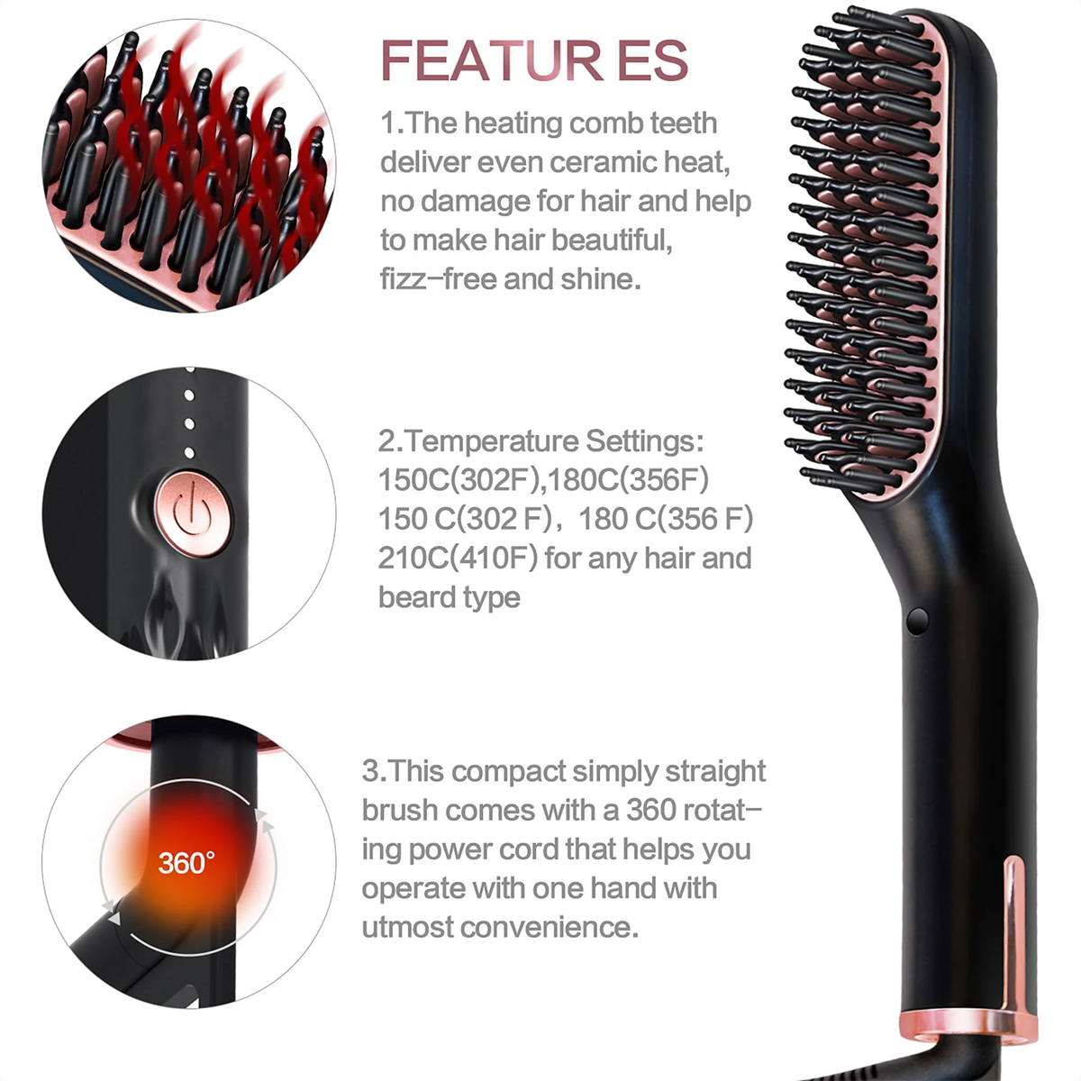 Ein schwarzer Haarglätter mit rosa Details und einem Diagramm, das die Funktionen zeigt.