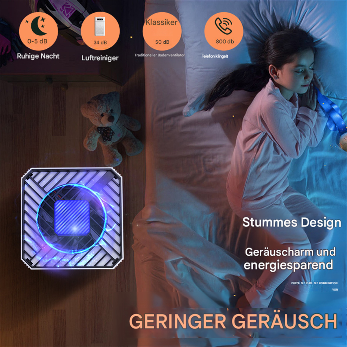 Ein Kind schläft im Bett, mit einer Geräuschmaschine und einem Teddybären sichtbar.